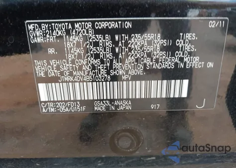 2011 Toyota Rav4 Sport V6 z USA, uszkodzony, nr VIN JTMRK4DV4B5103278